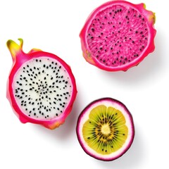 Fresh dragon fruit and passion fruit halves on white background healthy eating concept flat lay food photography