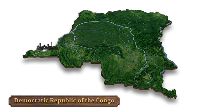 A detailed 3D rendered map of the Democratic Republic of the Congo, showing its geographical features.