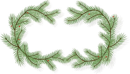 Two curved fir branches with green needles and small red berries forming a decorative festive frame on a white background.