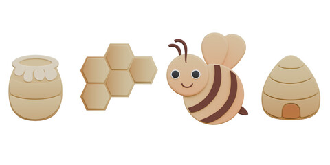 3d illustrations of adorable bee and honey elements  cute cartoon style for scenes decoration.3d render.
