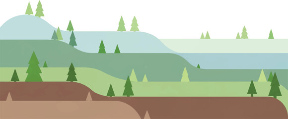 A minimalist illustration of a layered natural landscape featuring rolling green hills, a serene blue lake, and scattered evergreen trees under a clear sky.