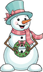 A cheerful snowman wearing a blue top hat with a pink bow and a striped pink scarf, holding a festive green wreath with red berries and a pink bow.