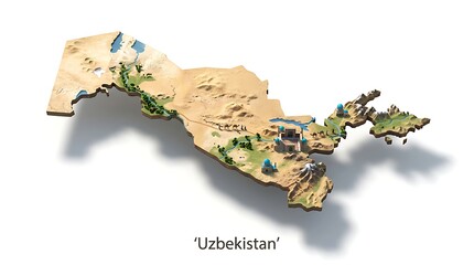 A detailed 3D topographic relief map of the country of Uzbekistan, isolated on a clean white background.