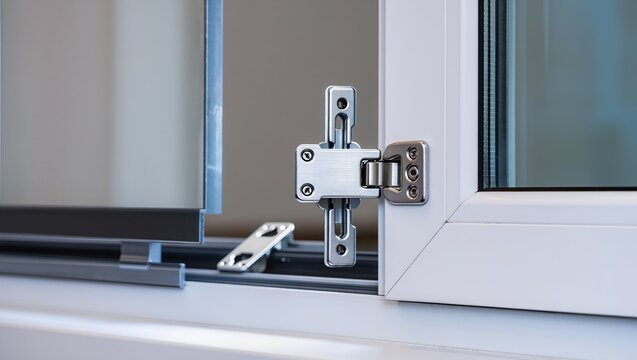 Close-up of a stainless steel hinge on a modern window frame, partially open, highlighting functional hardware, clean minimalist design, and contemporary construction or home improvement solutions