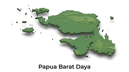 A three-dimensional topographical map of Southwest Papua, an Indonesian province, showing its geographical shape and terrain on a white background. © Rahmat