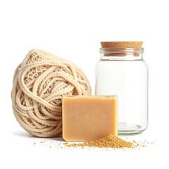 Natural soap bar with sponge and glass jar for skincare routine and body care on white background