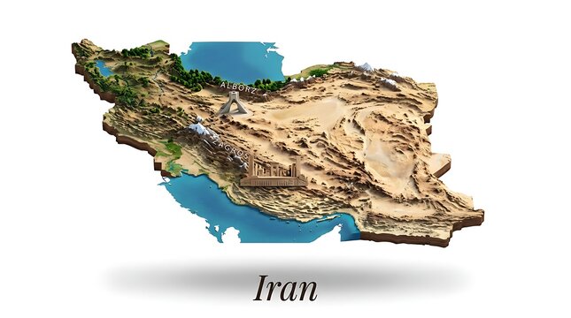 A 3D topographic relief map of Iran, showing its mountainous terrain and borders, isolated on a white background.