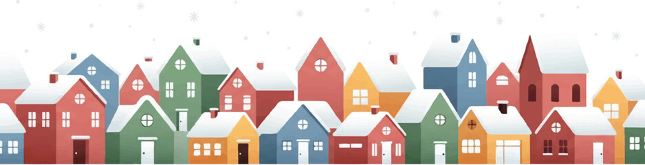 A row of colorful houses with snow on their roofs and falling snowflakes, creating a cozy winter village scene.
