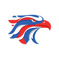Stylized illustration of an eagle's head in red, white, and blue hues against a clean white background.