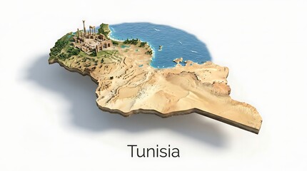 3D rendered map of Tunisia, showcasing the country's diverse geographical features and coastal regions.