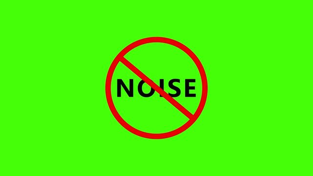 Red prohibition sign with the word NOISE in white glowing text on a black background no noise