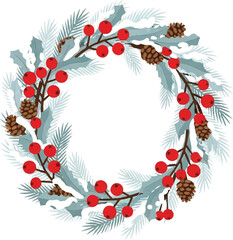 A beautiful festive winter wreath adorned with red berries, pinecones, and frosted evergreen branches, perfect for holiday decoration.