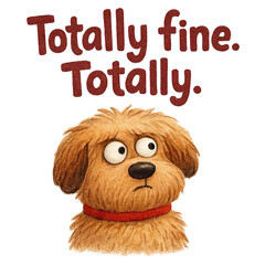 Illustration of a worried fluffy brown dog wearing a red collar beneath handwritten text "Totally fine Totally", a humorous, relatable emotive pet portrait conveying anxious comedy
