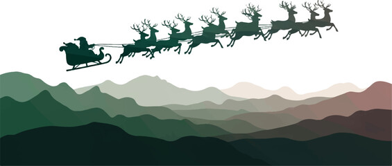 Silhouette of Santa Claus and his reindeer flying over a layered mountain landscape, depicting a festive winter scene.