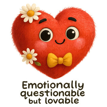 Fuzzy red heart character with smiling face, daisies, yellow bow tie and caption "Emotionally questionable but lovable" on a transparent background