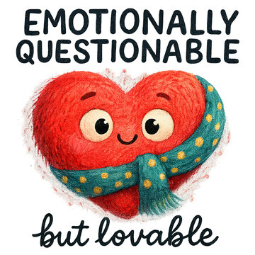 Cute red cartoon heart wearing a teal polka dot scarf with a smiling face, rosy cheeks, textured painterly look and hand-lettered caption "Emotionally questionable but lovable"
