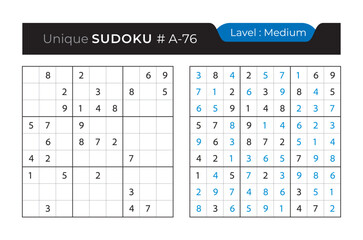 Sudoku puzzle with answer. Vector puzzle game with numbers for kids and adults. 9x9 sudoku Illustration on white background.