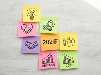 business strategy planning with colorful sticky notes icons