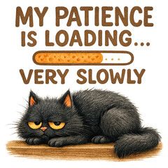 Fototapeta premium Cute grumpy black cat with orange eyes lying on wooden plank beneath phrase 