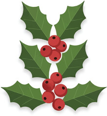 A stylized illustration of three pairs of green holly leaves with clusters of bright red berries, commonly associated with winter holidays and Christmas decorations.