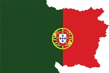 Map outline of Portugal filled with the Portuguese national flag, featuring its green and red fields and the coat of arms.
