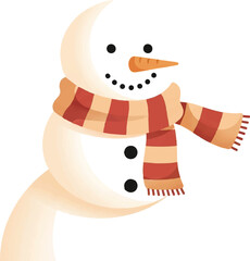 A whimsical snowman shaped like a crescent moon, wearing a striped scarf, with a carrot nose and coal eyes and mouth.