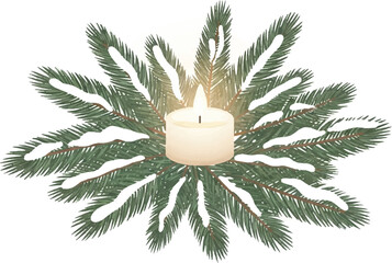 A lit white candle surrounded by snow-dusted green pine branches, creating a festive winter decoration.