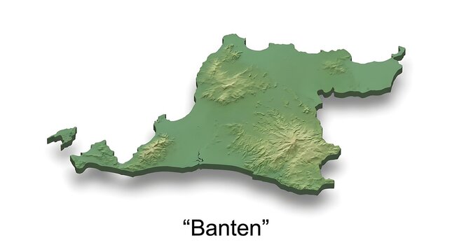 A detailed 3D rendered topographic map of the Indonesian province of Banten, showing its geographical features.