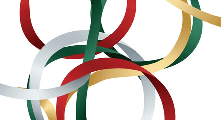 Intertwined red, green, gold, and silver ribbons creating an abstract, festive pattern on a white background.