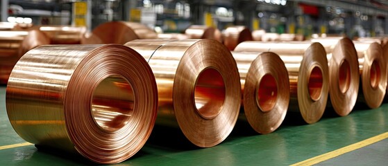 Workers guiding copper sheets along a production line in a factory dedicated to extrusion and rivet equipment during operational hours
