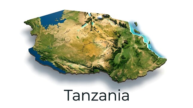 3D relief map of Tanzania showing its diverse geography and coastal areas.