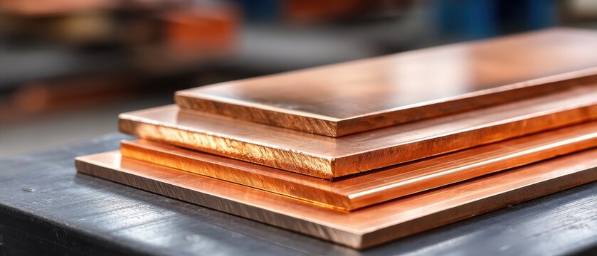 Copper sheets on a production line in a factory setting with advanced equipment for extrusion and rivet processes captured in high-resolution detail