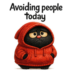 Fototapeta premium Cute black furry character in a red hooded sweatshirt with sad big eyes beneath the text 