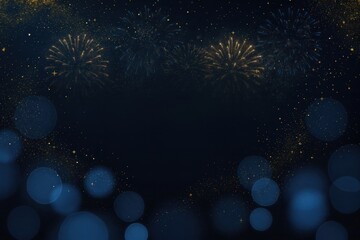Blue and gold Abstract background and bokeh on New Year's Eve. Fireworks display creating a heart shape in a dark background.