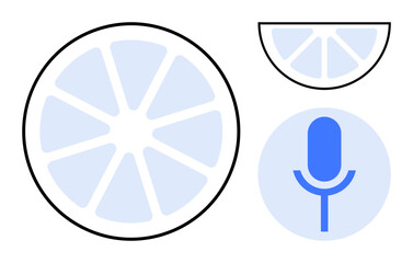 Food content creation, podcast branding, creative communication, healthy lifestyle, audio recording, fresh ideas. Circular citrus slice, half slice blue microphone symbol. Creative communication