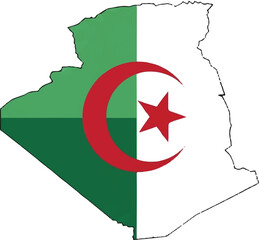 Map outline of Algeria filled with its national flag, featuring green and white halves with a red star and crescent.