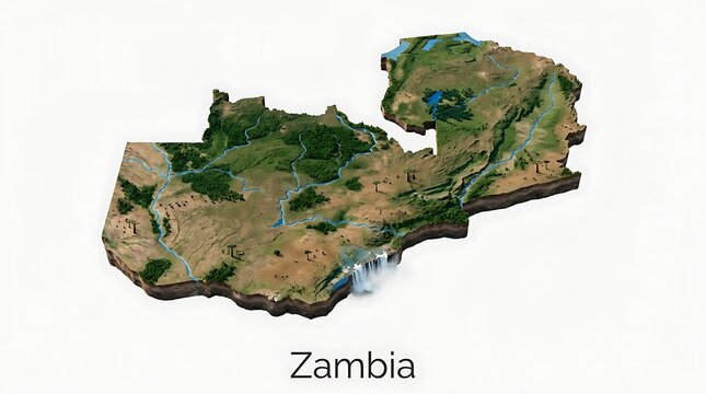 Three-dimensional satellite view of the country of Zambia, showing its geographical features.