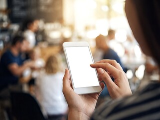 Close up of a person using a smartphone with a blank screen in a bustling cafe setting.
