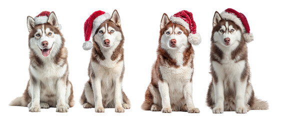 Obraz premium Four adorable siberian husky dogs wearing festive red and white santa hats sitting together looking at the camera isolated on transparent background