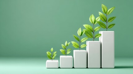 Increasing the ability to scale business growth. A graphic representation of growing plants in ascending blocks, symbolizing growth, progress, and sustainability against a soft green background.