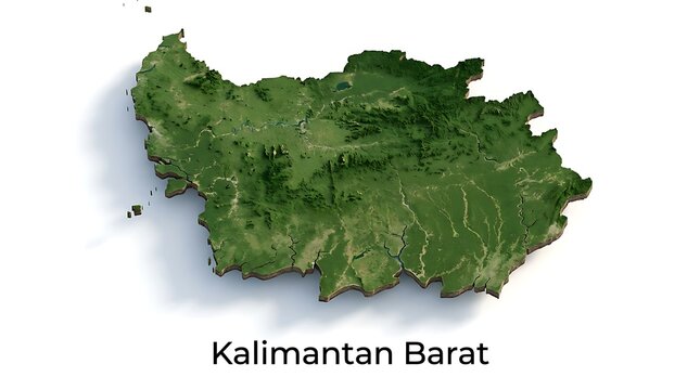 A detailed 3D topographic relief map of West Kalimantan, Indonesia, isolated on a white background.