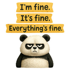 Fototapeta premium Grumpy cartoon panda under three yellow banners reading 