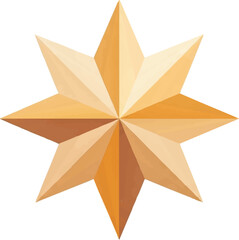 A detailed, three-dimensional eight-pointed star with faceted surfaces in shades of gold, orange, and brown, creating a radiant and geometric design.