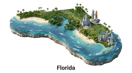 Florida state illustration with beaches, nature, cities, and space center.