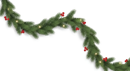 A festive Christmas garland with green pine needles, red berries, and warm yellow lights, curving against a white background.