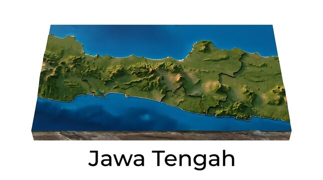 A 3D topographic relief map of the Indonesian province of Central Java, showing its mountainous terrain and coastline.