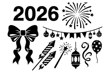 Fototapeta premium vector illustration of 2026 New Year’s Eve Silhouette, Festive 2026 New Year’s Eve Silhouette Collection, Celebration Elements Vector