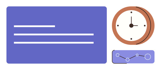 Clock illustrating time management, chart representing data tracking, and text box highlighting tasks or information. Ideal for productivity, scheduling, analytics, education, strategy, planning