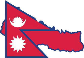 Map of Nepal filled with the national flag design, featuring crimson red, blue border, and white celestial symbols.