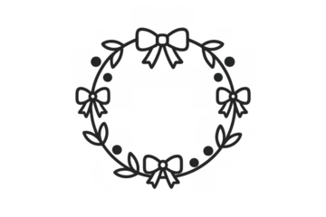 Christmas holiday wreath line art vector illustration with leaves, berries, and ribbons on transparent background